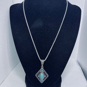 Silver Tone Necklace W/Faux Turquois & Rhinestone Diamond Shaped Pendant (5471)